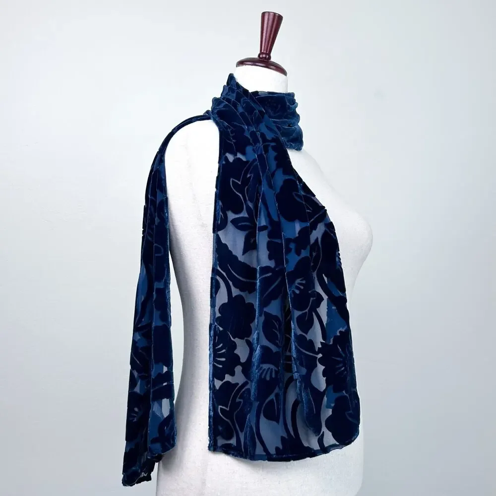 Silk Lore Vintage Blue Floral Velvet Burnout Semi-Sheer Rectangle Shawl Scarf